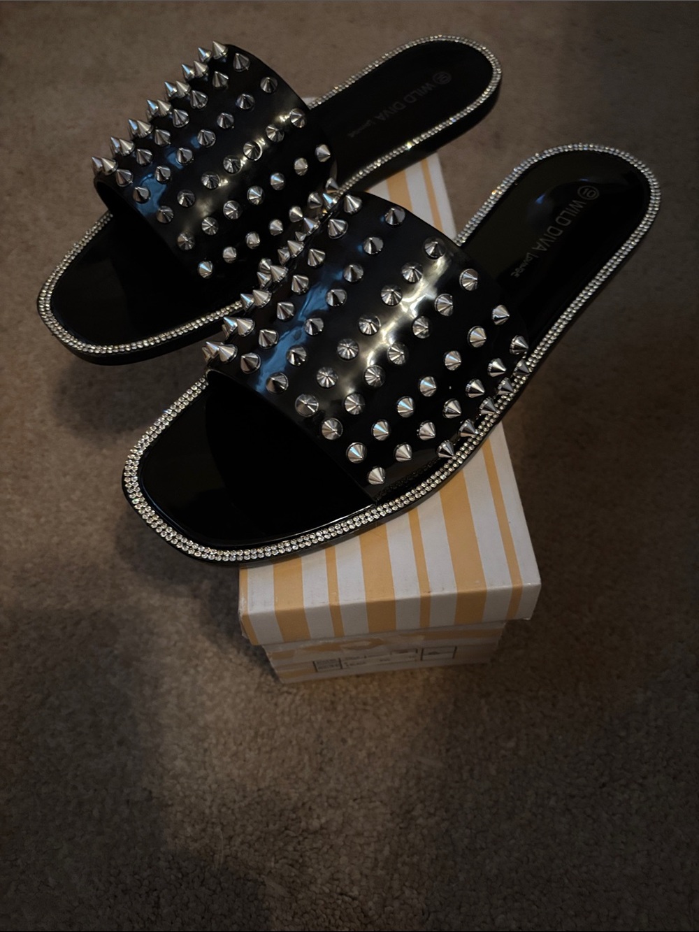 Wild Diva Black Studded Slide Sandals with Rhinestone Trim